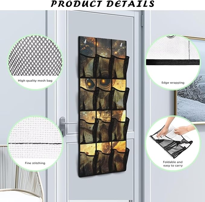 Alien Over the Door Shoe Organizer with Pockets 4 Shelf Large Shoe Organizer Door Hanger for Bathroom Small Spaces Apartment Bedroom Closet Door Hanging Storage Bag