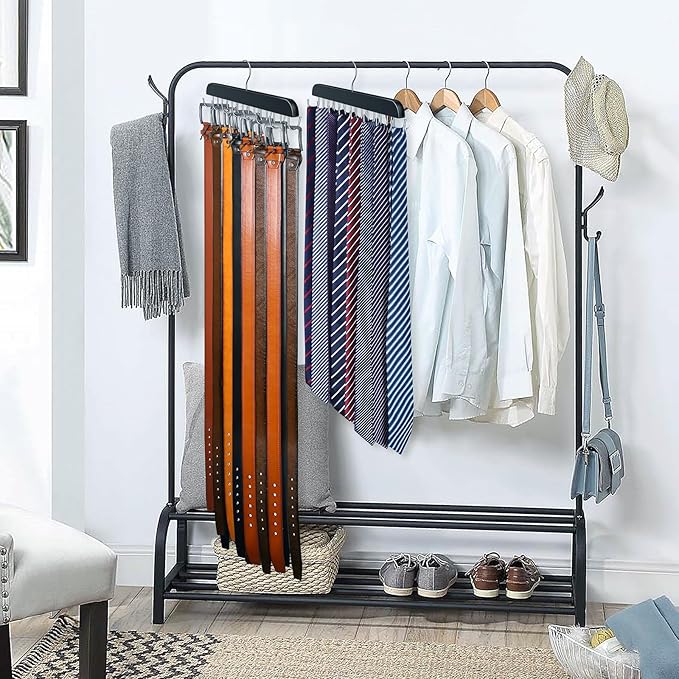 Belt Hanger for Closet Max 42 Belts, Sturdy Wood Belt Rack Closet Accessories with 14 Hooks Belt Organizer for Closet Organizers and Storage -Black 1 Pack
