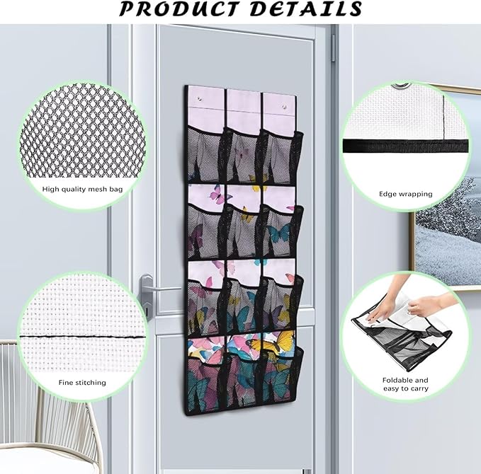 Butterfly Over the Door Shoe Organizer,Hanging Storage Bags with 12 Mesh Large Pockets,Behind Door Shoes Hang Holder Rack