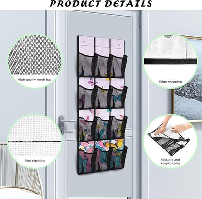 Butterfly Over the Door Shoe Organizer,Hanging Storage Bags with 12 Mesh Large Pockets,Behind Door Shoes Hang Holder Rack
