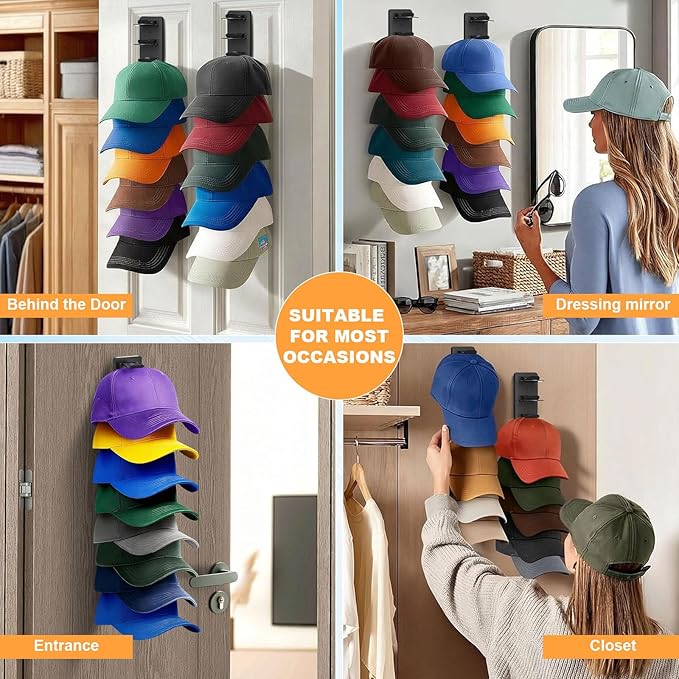 Vocanoe Hat Organizer for Baseball Caps, 2 Pack Hat Rack for Wall Strong Adhesive, Multilayer Hat Storage Holder, Wall Mounted Cap Racks for Closet Door and Bedroom