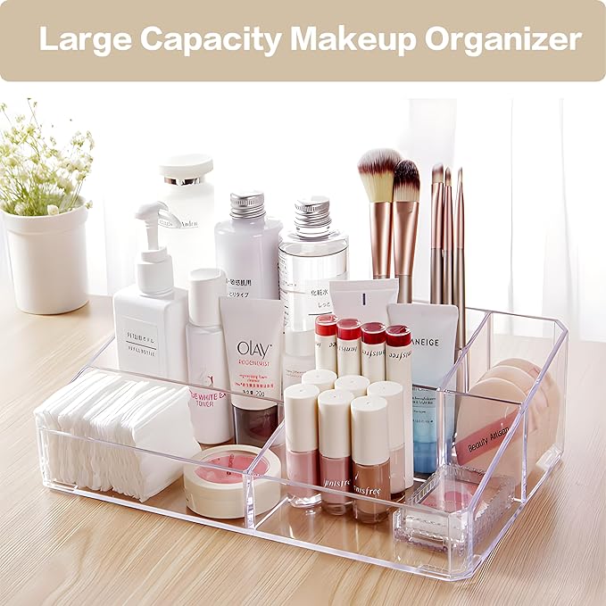 Clear Makeup Organizer, Makeup Brushes Storage Case, Cosmetic Display Case Tray, Tiered Skincare Organizer, Acrylic Lipstick Holder Countertop Desk Brush Organizer for Bedroom Vanity