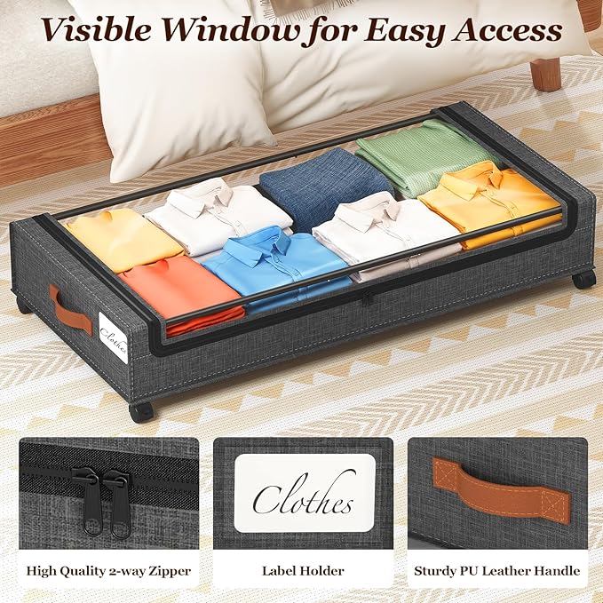 Yecaye 70 L Under Bed Storage with Wheels, 3 Pack Larger Capacity Under Bed Storage Containers, Underbed Shoe Storage Organizer, Rolling Under Bed Metal Drawers for Clothes, Blankets, Hemp Grey