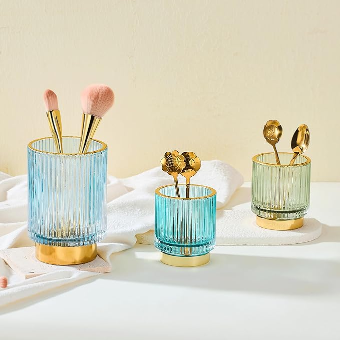 Makeup Brush Holder Organizer,Toothbrush Holders,Desk Pen Pencil Holder,Multifunctional Vintage Glass Brush Cup（L/Blue/A3-8-US）