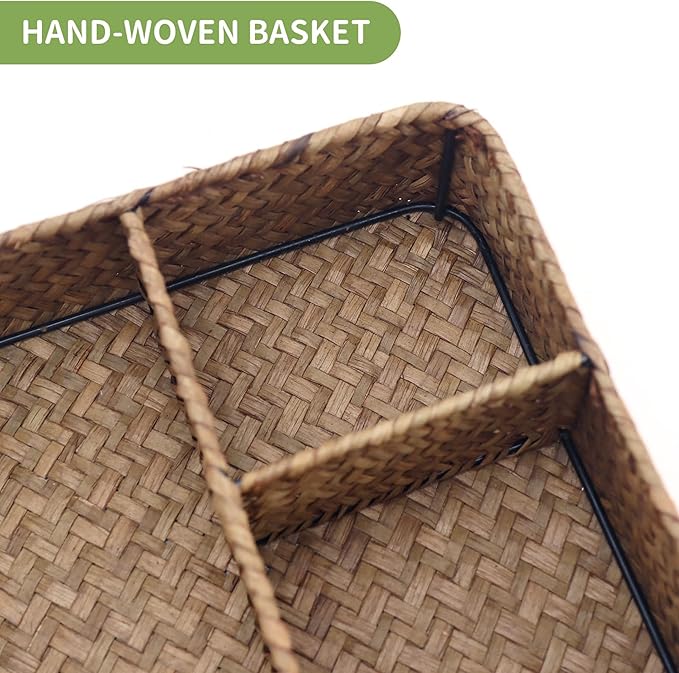Wicker Baskets 4-Section Tea Bag/Sugar Packet Holder,Seagrass Woven Compartment Organizer,Storage Rattan Divided Basket,Office-Desk Baskets for Shelves,Pantry,Coffee Organizer,Countertops-Brown