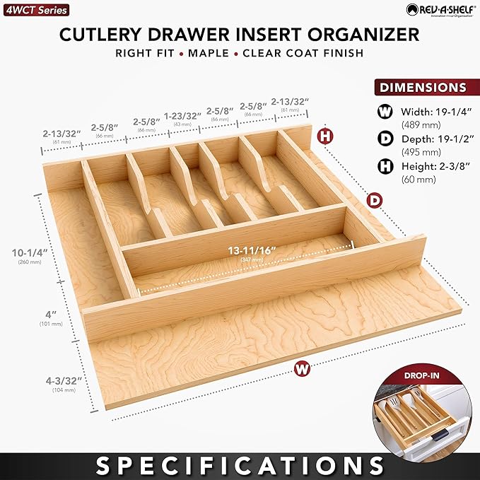 Rev-A-Shelf Natural Maple Right Size Utensil Insert Home Storage Kitchen Organizer 7 Compartment Drawer Accessory, 19 1/4" x 19 1/2", 4WCT-24SH-1