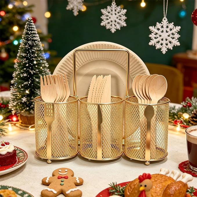 Silverware Organizer Utensil Caddy - 4 Compartment Metal Cutlery Holder Flatware Storage Basket Fork Spoon Napkin Paper Plate Kitchen Countertop Party Picnic Camping Buffet Outdoor (Gold)