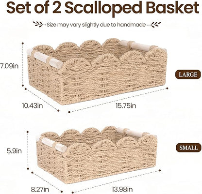 iEGrow Paper Rope Small Storage Baskets for Organizing, Set of 2 Scalloped Edge Wicker Basket with Wooden Handles Toilet Paper Basket for Over Toilet Storage Shelf, Home Decor, Living Room (Beige)
