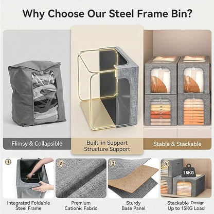 GoMaihe Blanket Storage Bins with Metal Frame, 6-Pack Large Closet Storage Bins with Lid & Clear Window, Comforter Bedding Storage Organizer for Walk-in Closet Cationic Fabric 55L