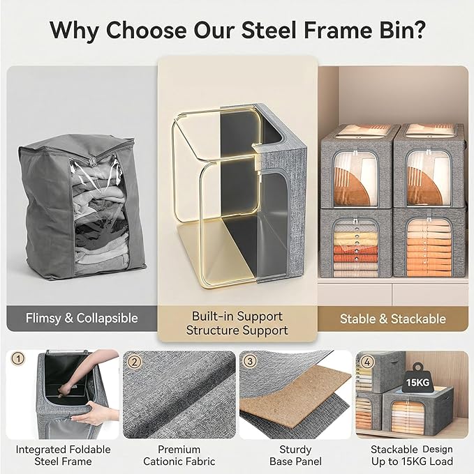 GoMaihe Clothes Storage Bins Metal Frame: 55L Extra Large Stackable Closet Storage Organizer with Lid & Clear Window, Heavy Duty Blanket Boxes for Winter Coats Comforters (Fits Deep Closet 4-Pack)