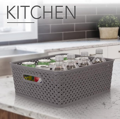 BROOKSTONE, 2 Pack Large Storage Baskets with Handles, Decorative Woven Pattern, Versatile and Stylish Organizers for Home, BPA Free Plastic Bins