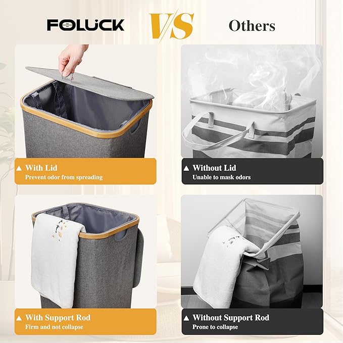 Foluck Large Laundry Hamper, 75L Waterproof Laundry Basket with Lid and Removable Bag, Collapsible Tall Clothes Hamper with Bamboo Handles for Clothes Toys in Dorm Bedroom Bathroom, Grey