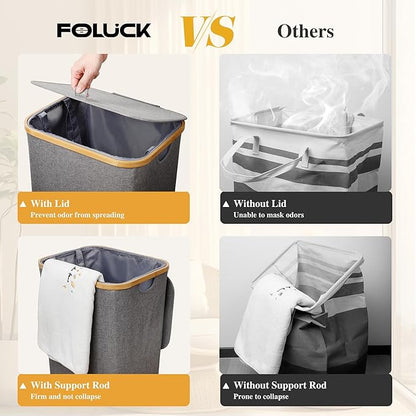 Foluck Large Laundry Hamper, 75L Waterproof Laundry Basket with Lid and Removable Bag, Collapsible Tall Clothes Hamper with Bamboo Handles for Clothes Toys in Dorm Bedroom Bathroom, Grey
