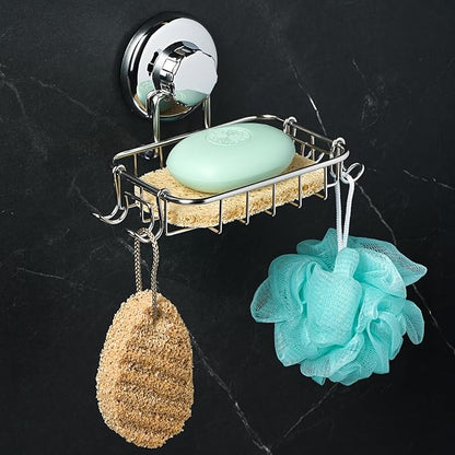 HASKO 2-Pack Suction Cup Soap Holder – Bar Soap Dish for Shower with Hooks for Bathroom – Optional Mounting with Adhesive Tape or Glue – Includes 2 Soap Savers – Stainless Steel SS304 - Silver