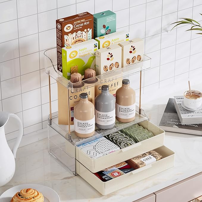 Delamu Bathroom Organizers and Storage, 2 Tier 2 Drawer Makeup Organizer Countertop, Easy to Install, Ideal for Bathroom Counter, Vanity, Ideal Gifts for Women Girls, Cream White