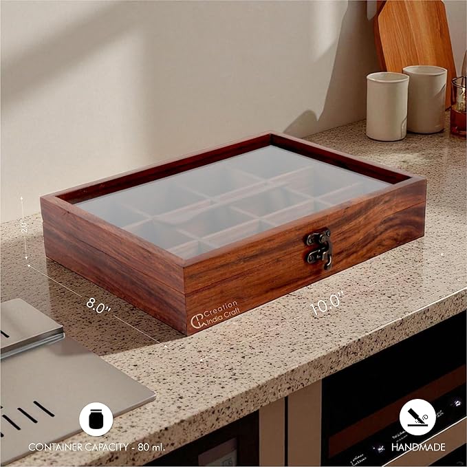 Wooden Spice Box, Masala Container, Condiments Storage Case for Kitchen, Multipurpose Decorative Box - Indian Rosewood Crafted