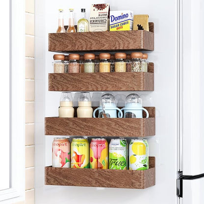 Mystozer Magnetic Spice Rack for Refrigerator, Kitchen Organizer and Storage Shelf, Wood Red, 4 Pack