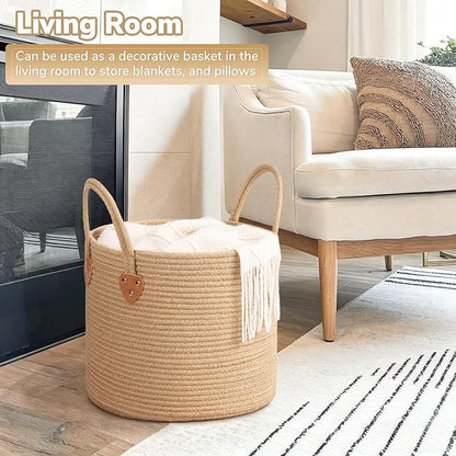 CHICVITA Jute Laundry Basket With Handles, Wicker Basket for Kids Blankets Toys Clothes Shoes, Baby Hamper for Nursery Boho Decor, Plant Baskets Indoor, 14" X 14" X 12", Jute Brown