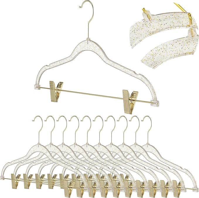 Hoolerry 10 Pcs Clear Gold Hangers with Clips Acrylic Glitter Hangers with Non Slip17 x 8 Inches Plastic Skirt Pants Storage and Organizer for Clothes Skirt Trousers Jeans(Gold)
