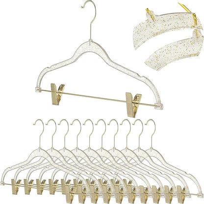 Hoolerry 10 Pcs Clear Gold Hangers with Clips Acrylic Glitter Hangers with Non Slip17 x 8 Inches Plastic Skirt Pants Storage and Organizer for Clothes Skirt Trousers Jeans(Gold)
