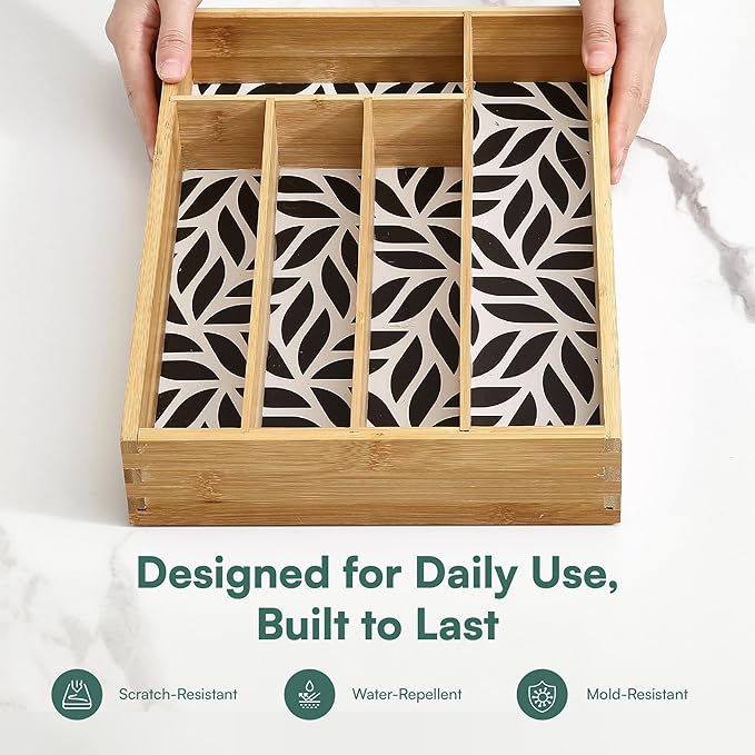 Pristine Bamboo Kitchen Drawer Organizer - Silverware & Utensil Organizer, 5-Slot, Geometric Print