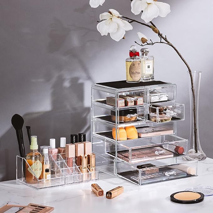 Sorbus Acrylic Makeup Organizer Set, 7-Drawer Vanity & Countertop Cosmetic Storage with Small & Wide Compartments, CLear Makeup Storage for Brushes, Jewelry – Holiday Gift for Women & Teens
