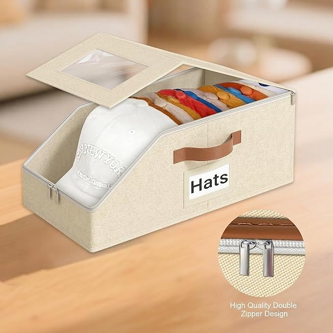 2 Pack Hat Organizer for Baseball Caps, Stackable Hat Storage Box for Closet, Cap Organizer & Cowboy Hat Case, Dustproof Hat Holder for Snapback Trucker Hats, Beige Hat Box