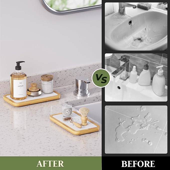 Water Absorbing Stone Tray for Sink, Kitchen Sink Caddy Organizer, Diatomite Bathroom Vanity Counter Tray, Soap Dispenser Sponge Holder, Fast Drying Stone Faucet Mat with Bamboo Tray