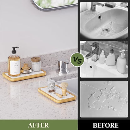 Water Absorbing Stone Tray for Sink, Kitchen Sink Caddy Organizer, Diatomite Bathroom Vanity Counter Tray, Soap Dispenser Sponge Holder, Fast Drying Stone Faucet Mat with Bamboo Tray
