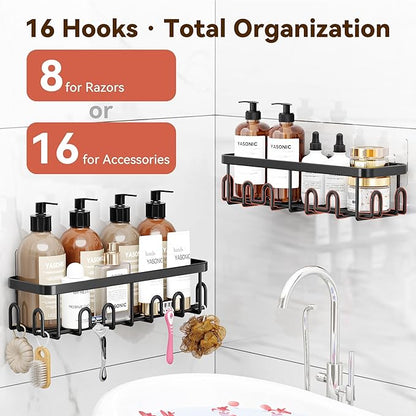 YASONIC Shower Caddy Adhesive 2-Pack, Rustproof Shower Organizer with Holder, No-Drill Shower Shelves for Inside the Shower, Large-Capacity Bathroom Organizers and Storage for Dorms & Renters, Black