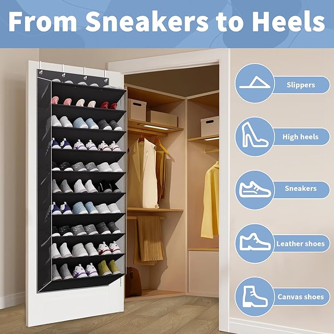 TAHAVICE 10-Tier Large Size Over The Door Shoe Organizer, Holds 30 Pairs Hanging Shoe Rack with Deep Pockets for Closet, Space-Saving Storage for Sneakers, Boots (Black)