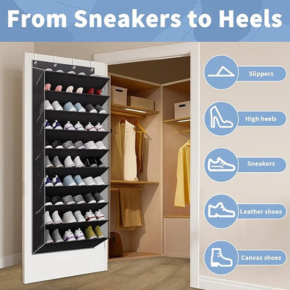 TAHAVICE 10-Tier Large Size Over The Door Shoe Organizer, Holds 30 Pairs Hanging Shoe Rack with Deep Pockets for Closet, Space-Saving Storage for Sneakers, Boots (Black)