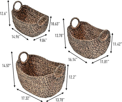 happimess BSK2002B-3SET Nellie Farmhouse Classic Handwoven Hyacinth Boat Wicker Storage Baskets with Handles, Brown (Set of 3), Seagrass Containers for Decoration in Living Room, Bedroom