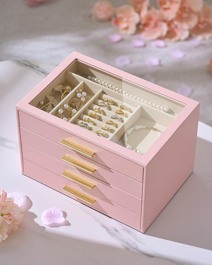 pickpiff Jewelry Box Organizer Case for Women: 4-Layer Jewelry Storage Case with Glass Window, Pink Leather with Velvet Holder for Ring Necklace Bracelet Brooch Watch, Great Gift for Her
