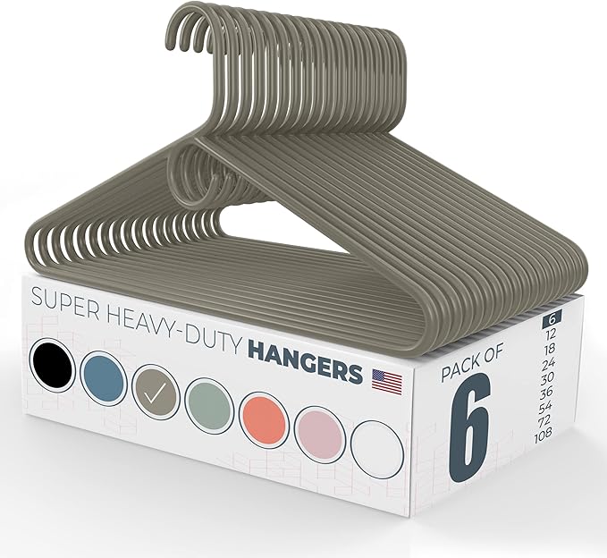 Super Heavy Duty Clothes Hangers 6 Pack – Made in the USA - 10lb Capacity, Thick Plastic Hangers for Pants, Coats, Jackets, Jeans and Adult Clothing – Gray