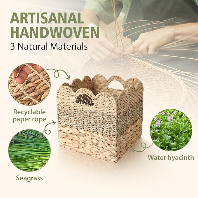 12x12 Storage Cube Bins Wicker Storage Basket for Cube Shelf, Set of 4 Collapsible Scalloped Storage Bins with Handle, Square Woven Baskets for Organizing Shelves Bedroom Pantry