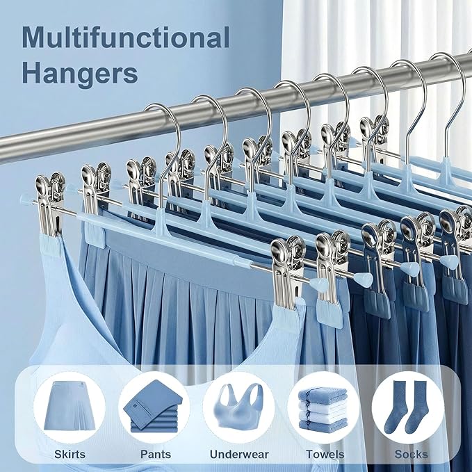 POZEAN Pants Hangers with Clips for Women 30 Pack, 12Inch Adjustable Heavy Duty Skirt Hangers, Space Saving Non-Slip Shorts Jeans Trousers Clothes Hangers, Blue