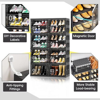 JEKO&JEKO 7 Tiers Foldable Boot Storage Shoe Rack Cabinet for Closet Entryway, Large Collapsible Shoe Organizer with Magnetic Doors (Black)