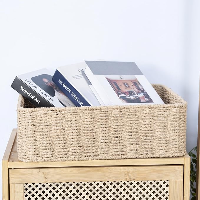 Drawer basket Handwoven Paper Rope Rectangular Shallow Basket Storage-15.35X12.01X4.72 Inches (Brown)