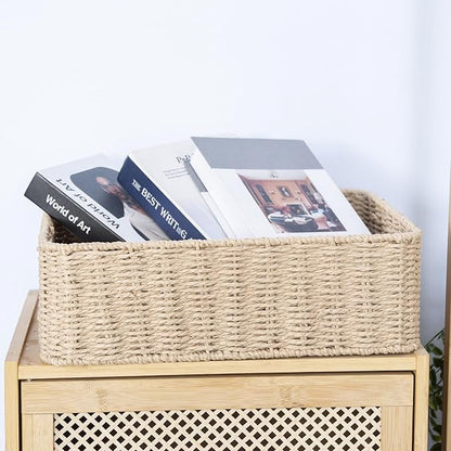 Drawer basket Handwoven Paper Rope Rectangular Shallow Basket Storage-15.35X12.01X4.72 Inches (Brown)