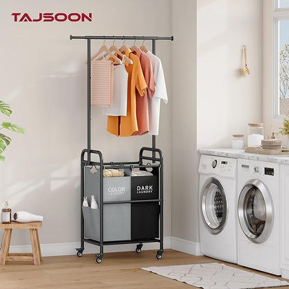 Tajsoon Laundry Sorter with Hanging Bar, 2 Section Laundry Hamper with Lockable Wheels and Removable Bag, Black & Gray