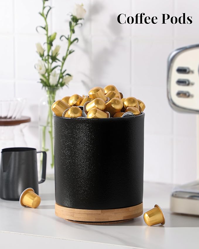 LoeJan 360° Rotating Ceramic Utensil Holder for Kitchen Countertop – Cooking Utensil Crock Organizer with Non-Slip Cork Base for Farmhouse Kitchen Decor, Textured Black