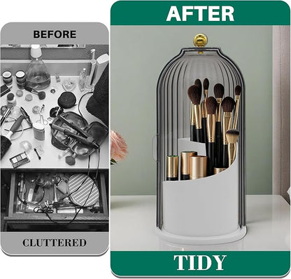 Makeup Brush Holder with Lid Cosmetic Tools Organizer 360 Rotating Waterproof Dustproof Make Up Brushes Storage for Vanity Bathroom Countertop