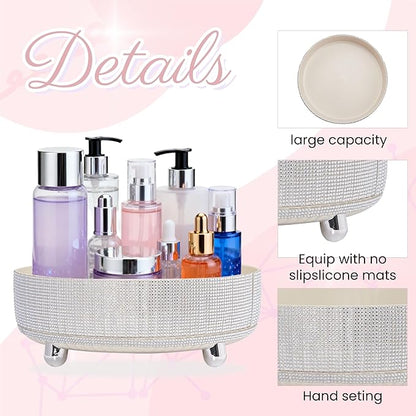 Rotating Bling Perfume Makeup Organizer, Rhinestone Cosmetic Display Cases with 2-Piece Set, 360° Spinning Bathroom Organizers for Countertop, Vanity Table | White