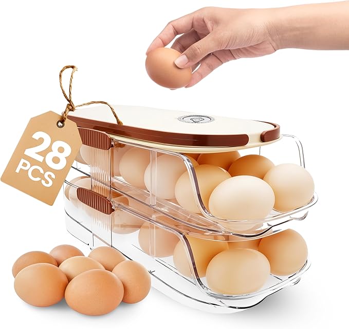 Auto Rolling Egg Holder for Fridge– 2-Tier Gravity Fed Egg Dispenser, Space-Saving Fridge Organizer for Fresh Eggs, No Assembly Required