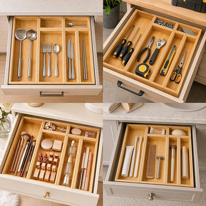 Bamboo Kitchen Drawer Organizer for Utensils, Set of 6 Stackable Silverware Tray for Drawer, Multi-Use Storage Bamboo Trays for Utensil Holde, Office, Makeup, Jewelry, Bathroom