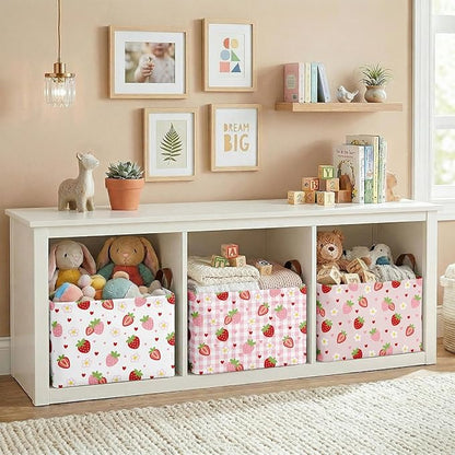 3 Pack Strawberry Storage Baskets for Gifts Strawberry Empty Large Collapsible Toy Storage Bins Box Pink Canvas Baskets Organizer with Handles Cute Nursery Decor Laundry Basket for Shelves Closet