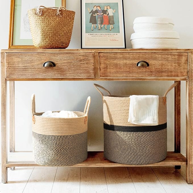 CHICVITA Extra Large Jute Woven Storage Basket with Handles – Laundry Basket Toy Towels Blanket Basket Home Decor Gift, 16" x 16", Black