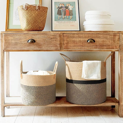 CHICVITA Extra Large Jute Woven Storage Basket with Handles – Laundry Basket Toy Towels Blanket Basket Home Decor Gift, 16" x 16", Black