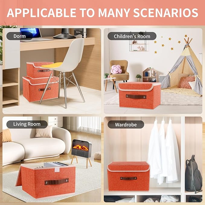 Large Storage Bin with Lid Storage Boxes,Collapsible Linen Storage Basket Container with Lid Storage Cube for Organizing Closets(Orange)